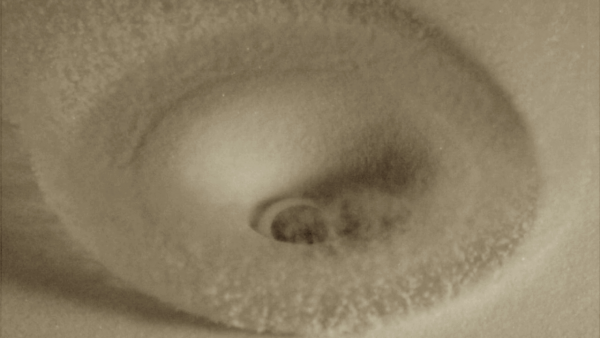  A ball bearing in the process of impacting sand and creating a crater