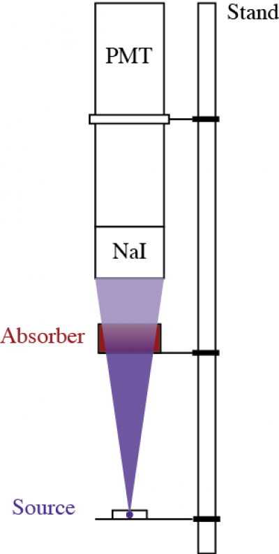 A figure depicting the orientation of a photomultiplier tube (PMT), the absorber, and radioactive source relative to one another.  A shaded cone between the source and PMT illustrates the possible path of detected gammas.  The absorber is then placed such that any gamma that would be detected must pass through its entire thickness.